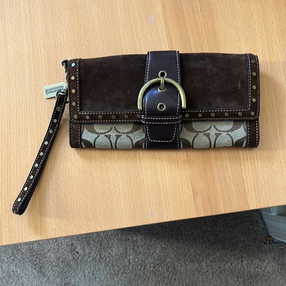 EUC Coach ‘00s Suede and Brown Logo fabric with grommets wristlet